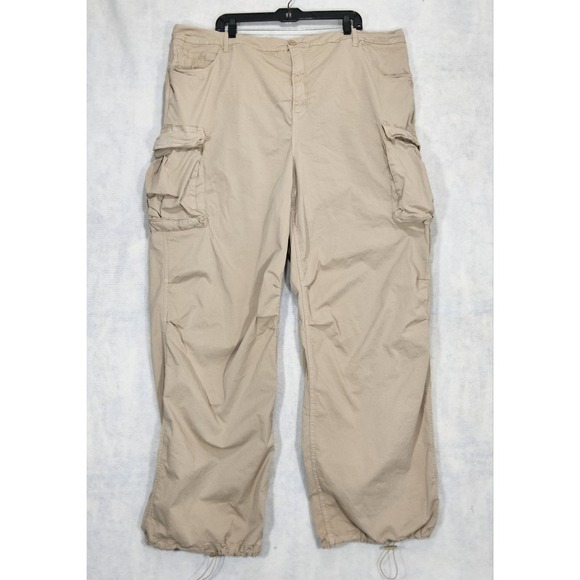 Good American Pants Womens Sz 22‎ Plus Baggy Cargo Khaki Stretch Loose Straight